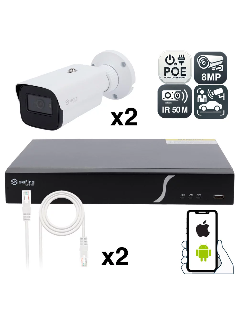 Kit Vidéosurveillance 8MP avec 2 Caméras IR 50M, Détection Intelligente