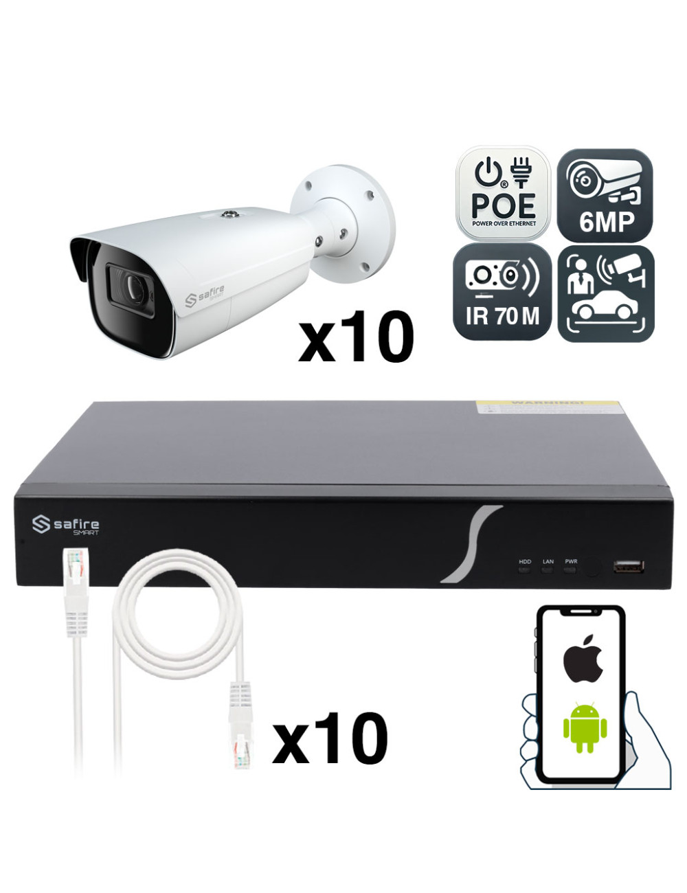 Kit Vidéosurveillance 6MP avec 10 Caméras IR 70M et Détection Intelligente