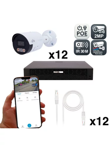 Kit Vidéosurveillance 4MP Uniview avec 12 Caméras ColorHunter et Détection Intelligente, Vision Nocturne Couleur