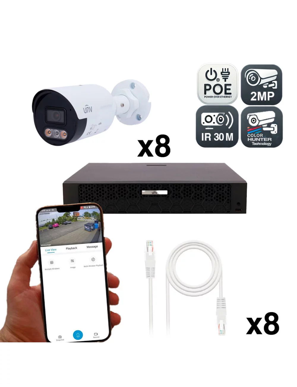 Kit Vidéosurveillance 4MP Uniview avec 8 Caméras ColorHunter et Détection Intelligente, Vision Nocturne Couleur