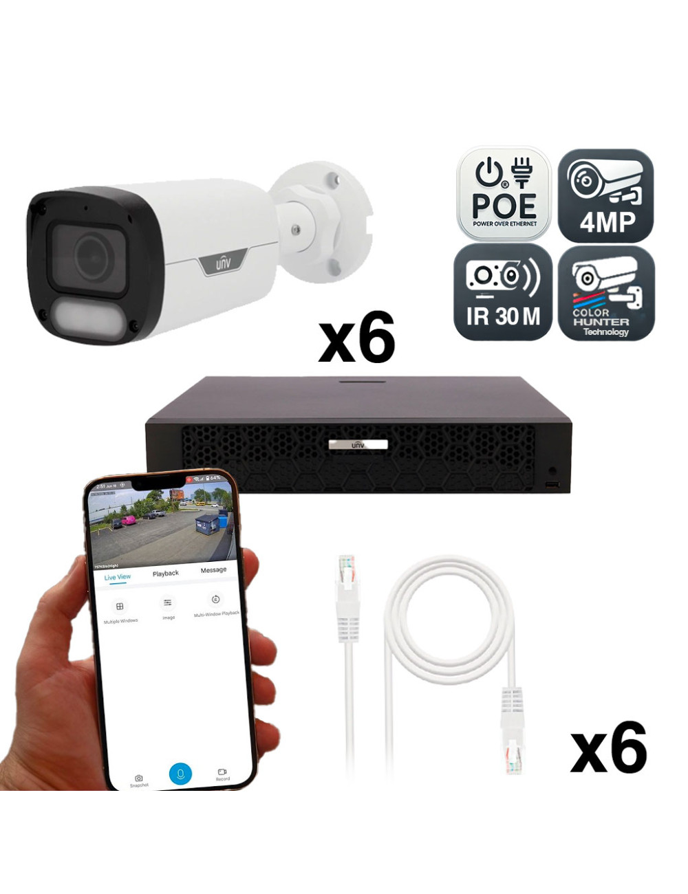 Kit Vidéosurveillance 4MP Uniview avec 6 Caméras ColorHunter et Détection Intelligente, Vision Nocturne Couleur