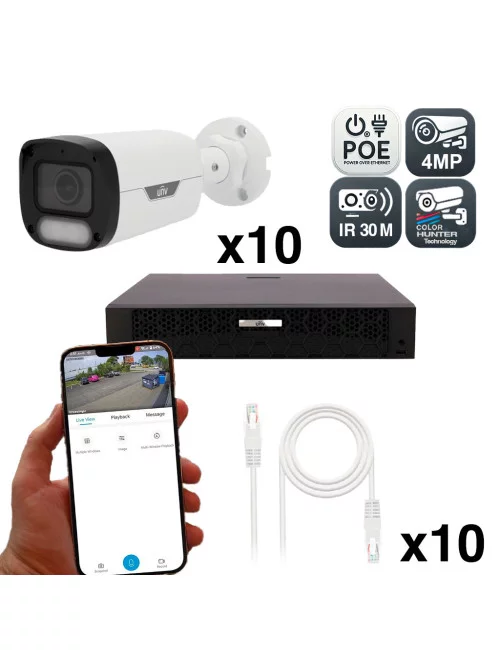 Kit Vidéosurveillance 4MP Uniview avec 10 Caméras ColorHunter et Détection Intelligente, Vision Nocturne Couleur