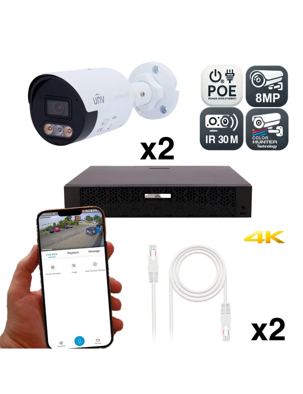 Kit Vidéosurveillance 8MP Uniview avec 2 Caméras ColorHunter et Détection Intelligente, Vision Nocturne Couleur