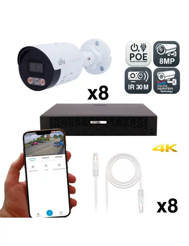 Kit Vidéosurveillance 8MP Uniview avec 8 Caméras ColorHunter et Détection Intelligente, Vision Nocturne Couleur